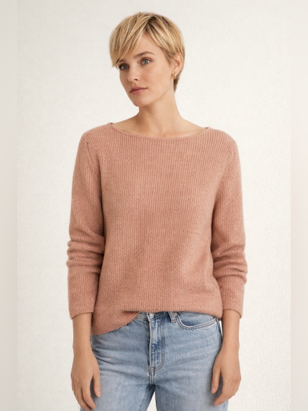 Mango Dusty Pink Scoop Neck Ribbed Sweater